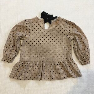 Blu Pepper Plaid Polka Dot Peplum Blouse Women's Size L Black‎ Bow Back